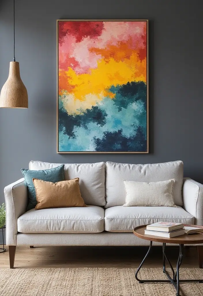 27 Gray Living Room Ideas That Are Modern and Timeless - 25. Gray and Colorful Artwork