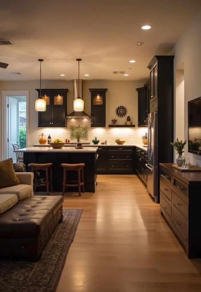 27 Kitchen in Living Room Ideas That Create Open Concept Flow - 15. Innovative Lighting Solutions