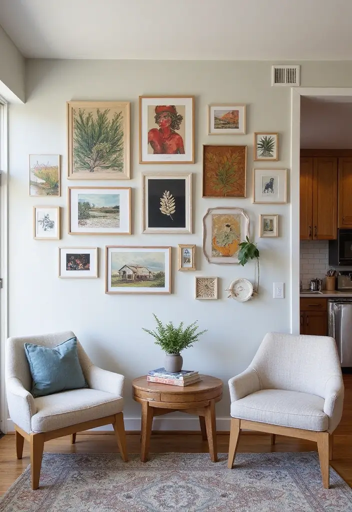 27 Kitchen in Living Room Ideas That Create Open Concept Flow - 16. Artistic Wall Decor