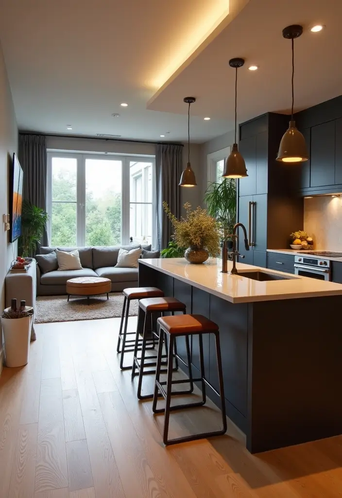 27 Kitchen in Living Room Ideas That Create Open Concept Flow - 17. Sleek Bar Counter