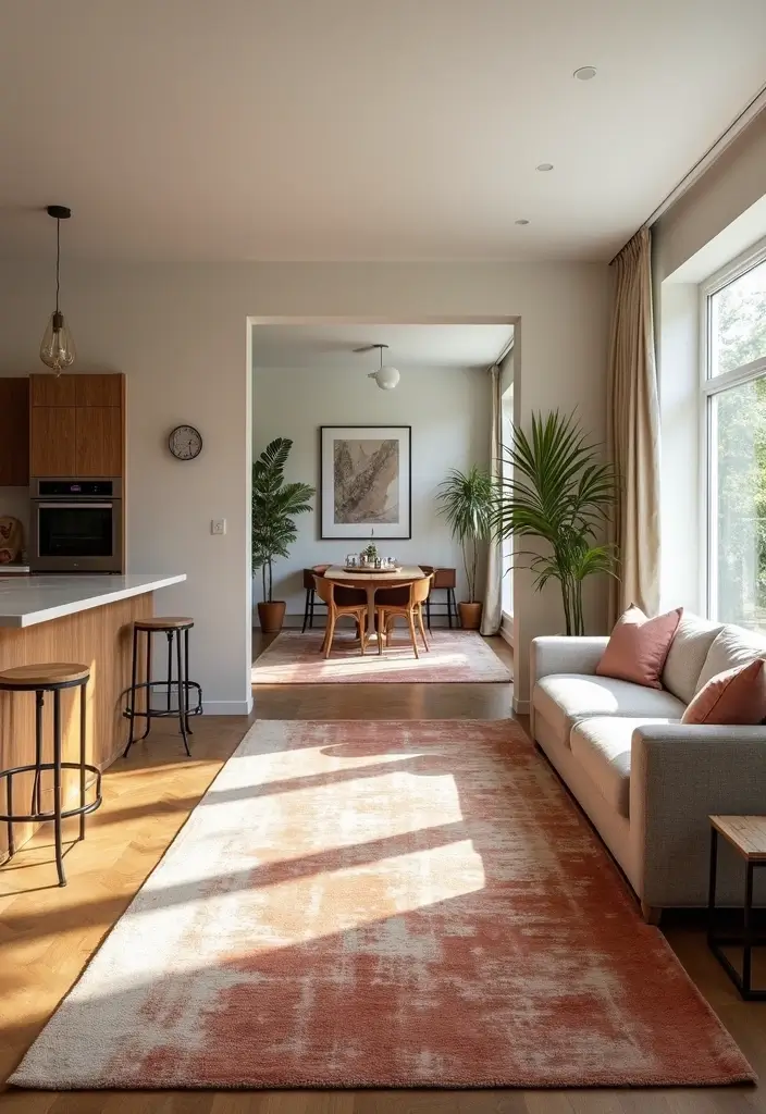 27 Kitchen in Living Room Ideas That Create Open Concept Flow - 21. Bold Area Rugs