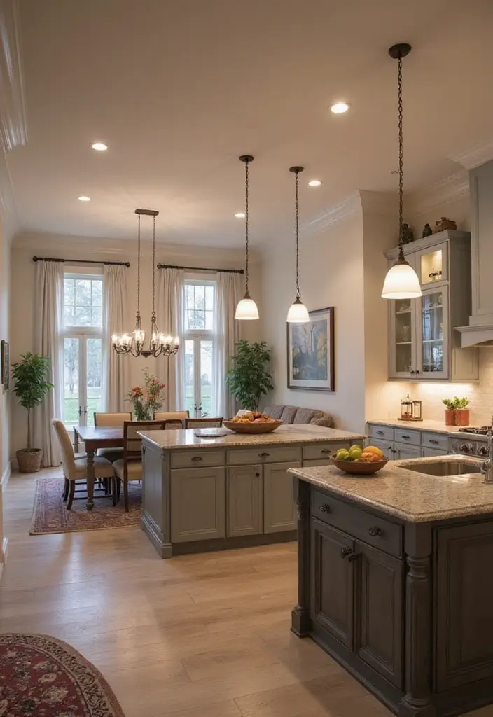 27 Kitchen in Living Room Ideas That Create Open Concept Flow - 23. Layered Lighting