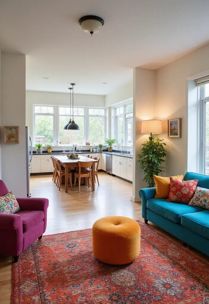 27 Kitchen in Living Room Ideas That Create Open Concept Flow - 24. Colorful Accent Furniture