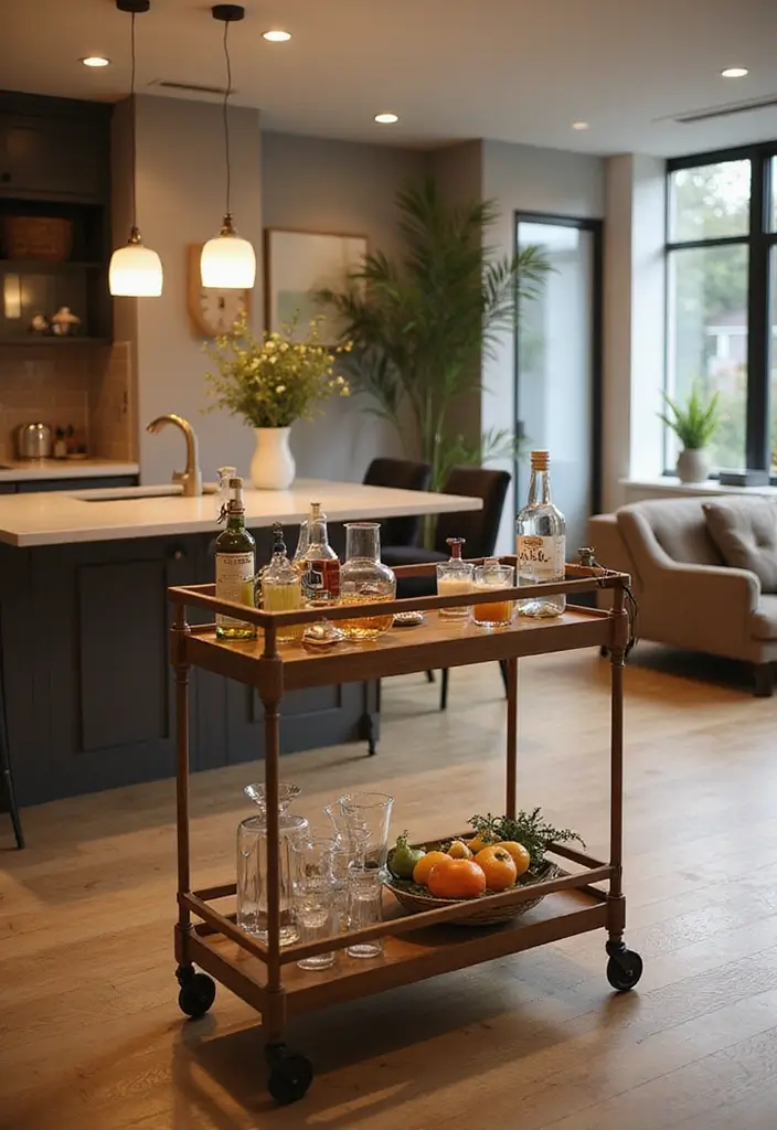27 Kitchen in Living Room Ideas That Create Open Concept Flow - 5. Stylish Bar Cart