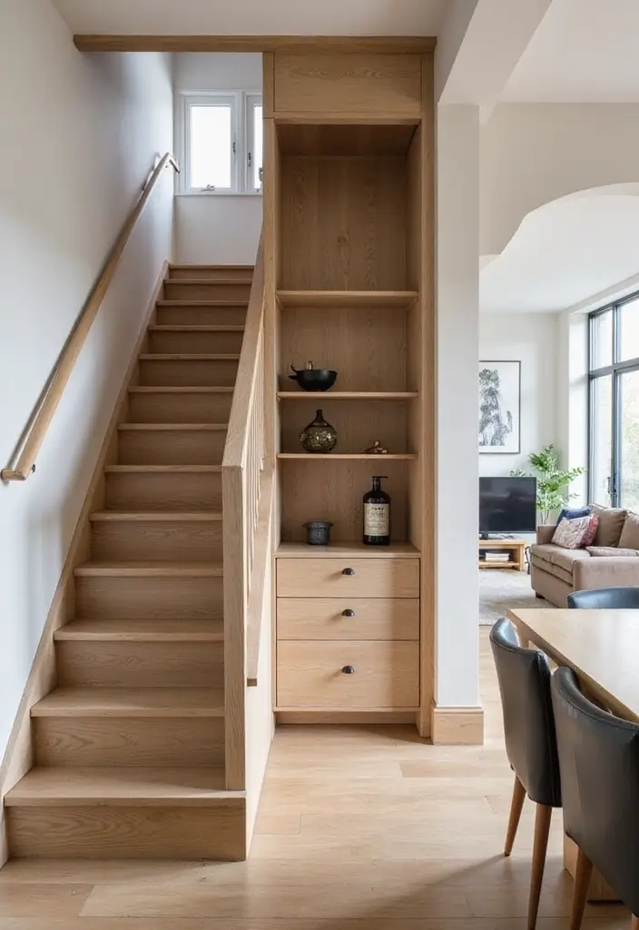 27 Kitchen in Living Room Ideas That Create Open Concept Flow - 7. Functional Staircase Storage