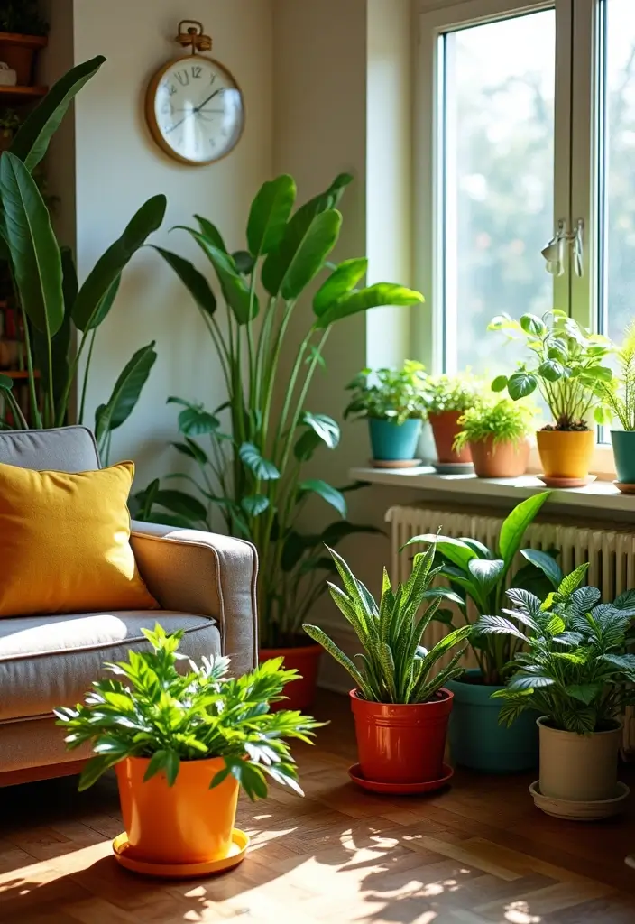 27 Living Room Colourful Ideas That Feel Playful and Eclectic - 10. Houseplants Galore
