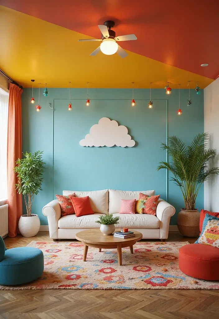 27 Living Room Colourful Ideas That Feel Playful and Eclectic - 12. Playful Ceilings