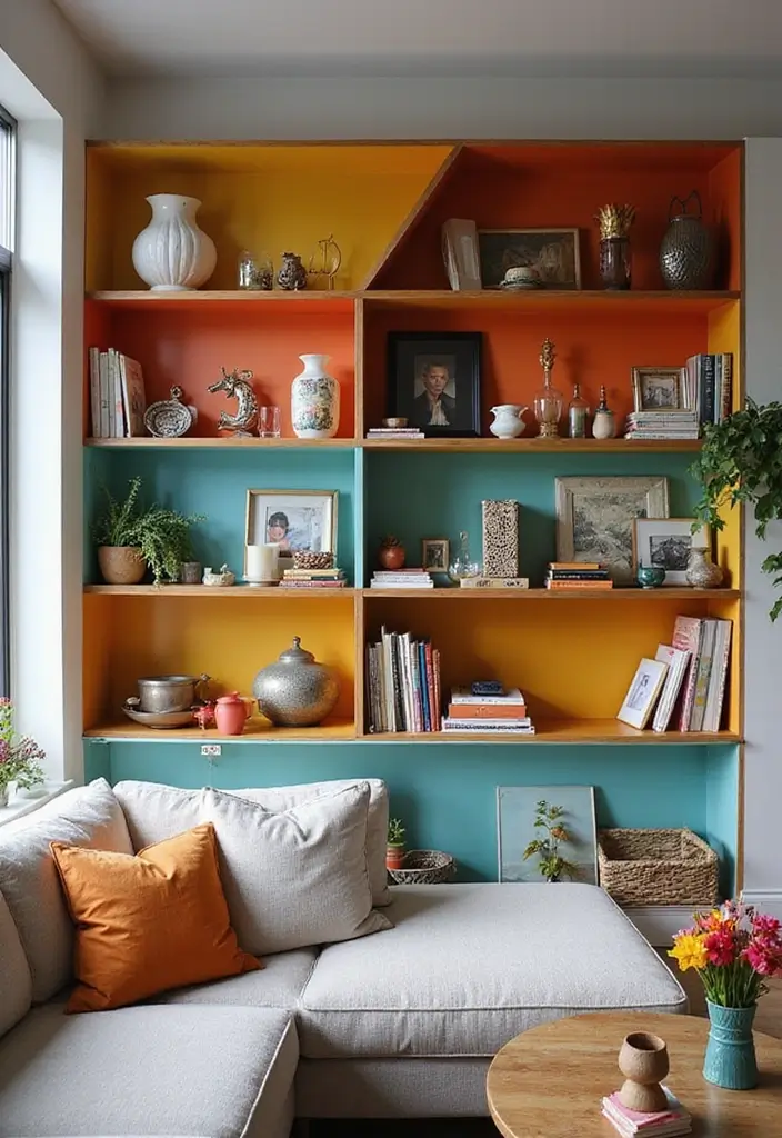 27 Living Room Colourful Ideas That Feel Playful and Eclectic - 13. Creative Shelving