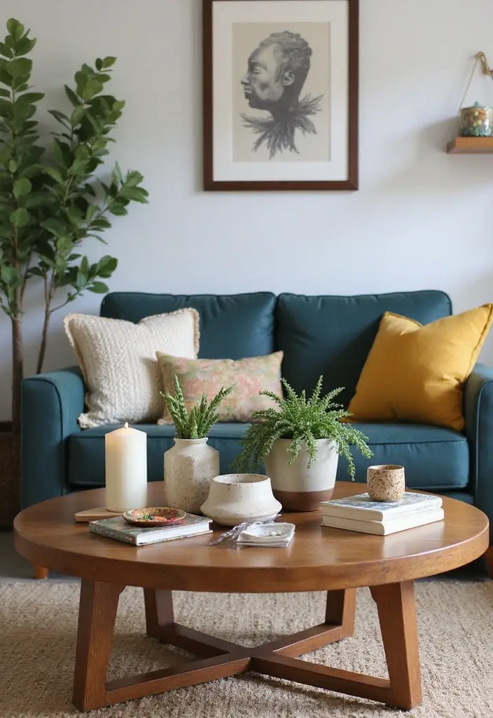 27 Living Room Colourful Ideas That Feel Playful and Eclectic - 16. Unique Coffee Table Decor