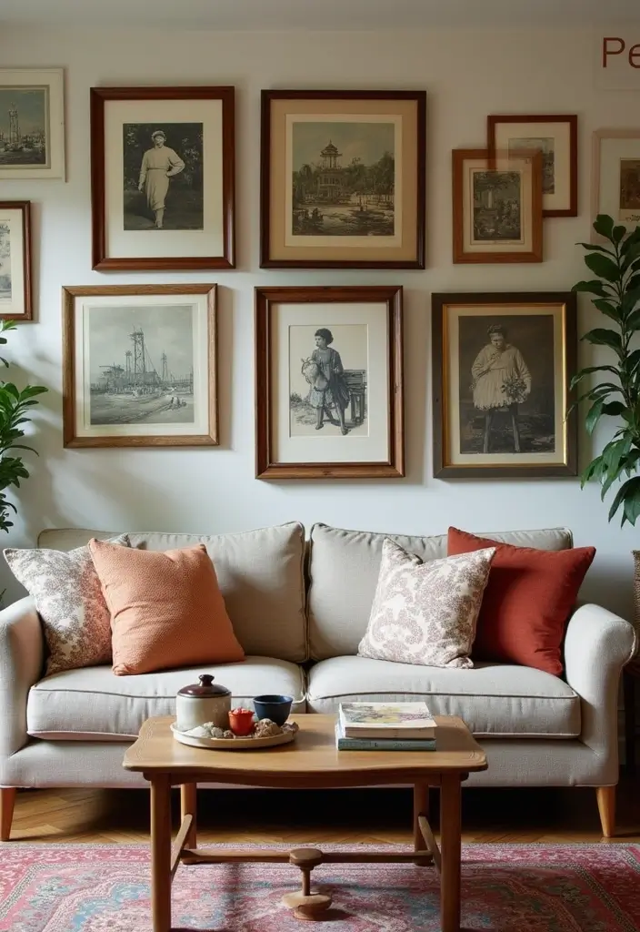 27 Living Room Colourful Ideas That Feel Playful and Eclectic - 18. Vintage Prints