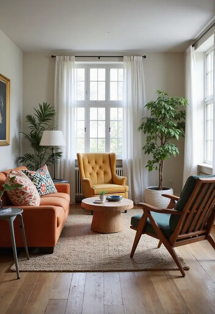 27 Living Room Colourful Ideas That Feel Playful and Eclectic - 19. Mismatched Furniture