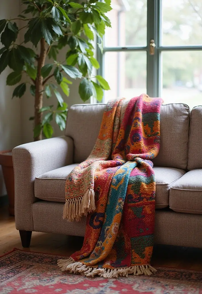 27 Living Room Colourful Ideas That Feel Playful and Eclectic - 20. Fun Throw Blankets