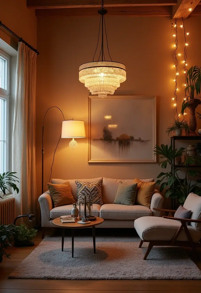 27 Living Room Colourful Ideas That Feel Playful and Eclectic - 23. Layered Lighting