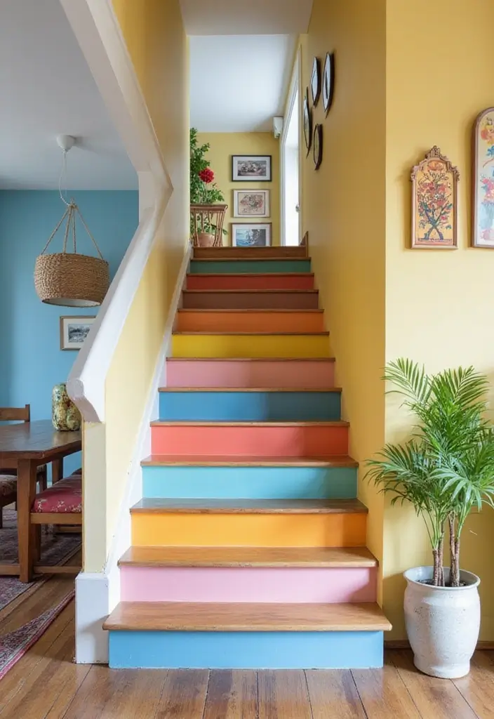 27 Living Room Colourful Ideas That Feel Playful and Eclectic - 24. Colorful Staircases