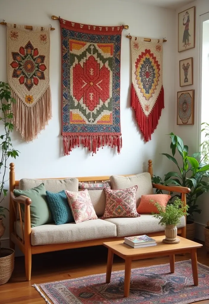 27 Living Room Colourful Ideas That Feel Playful and Eclectic - 25. Eclectic Wall Hangings