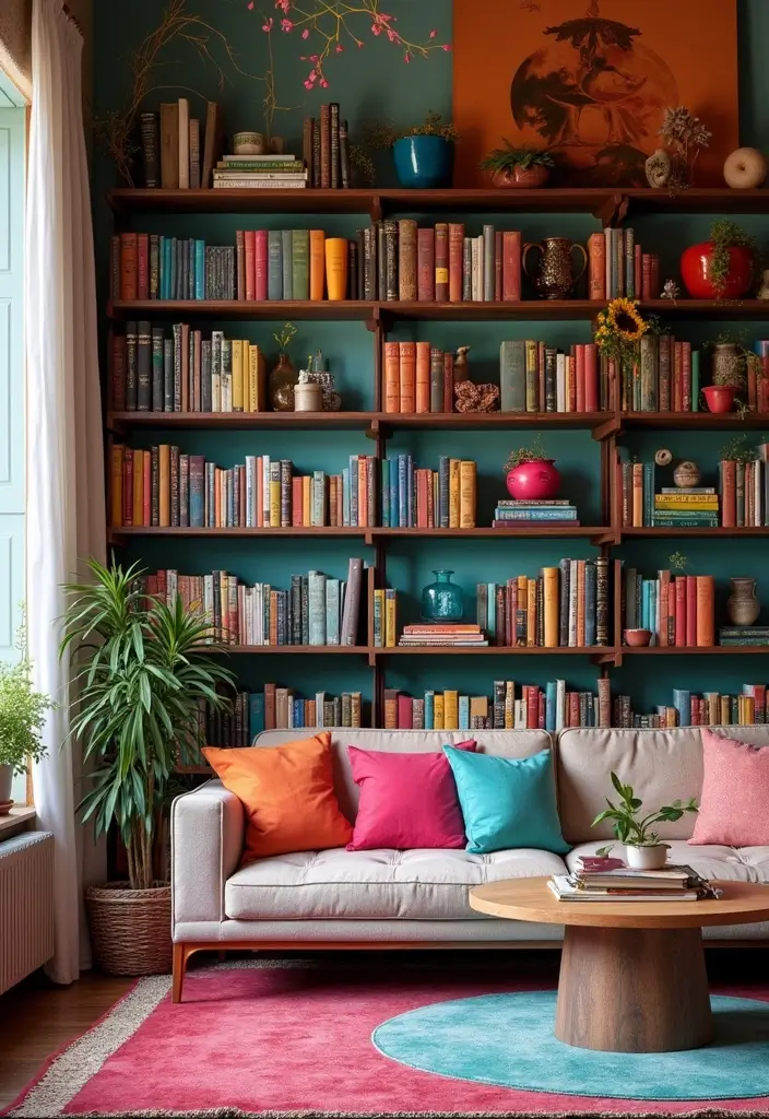 27 Living Room Colourful Ideas That Feel Playful and Eclectic - 27. Bright Bookcases