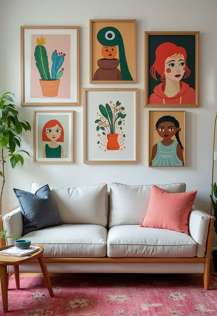 27 Living Room Colourful Ideas That Feel Playful and Eclectic - 4. Playful Art Displays