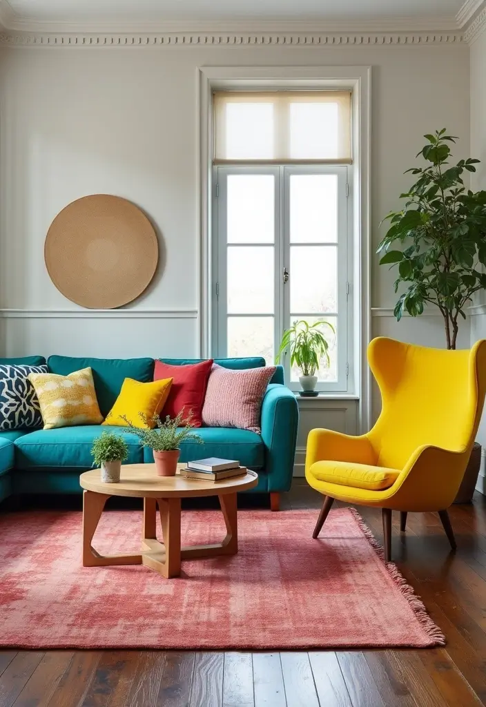 27 Living Room Colourful Ideas That Feel Playful and Eclectic - 6. Bold Furniture Choices