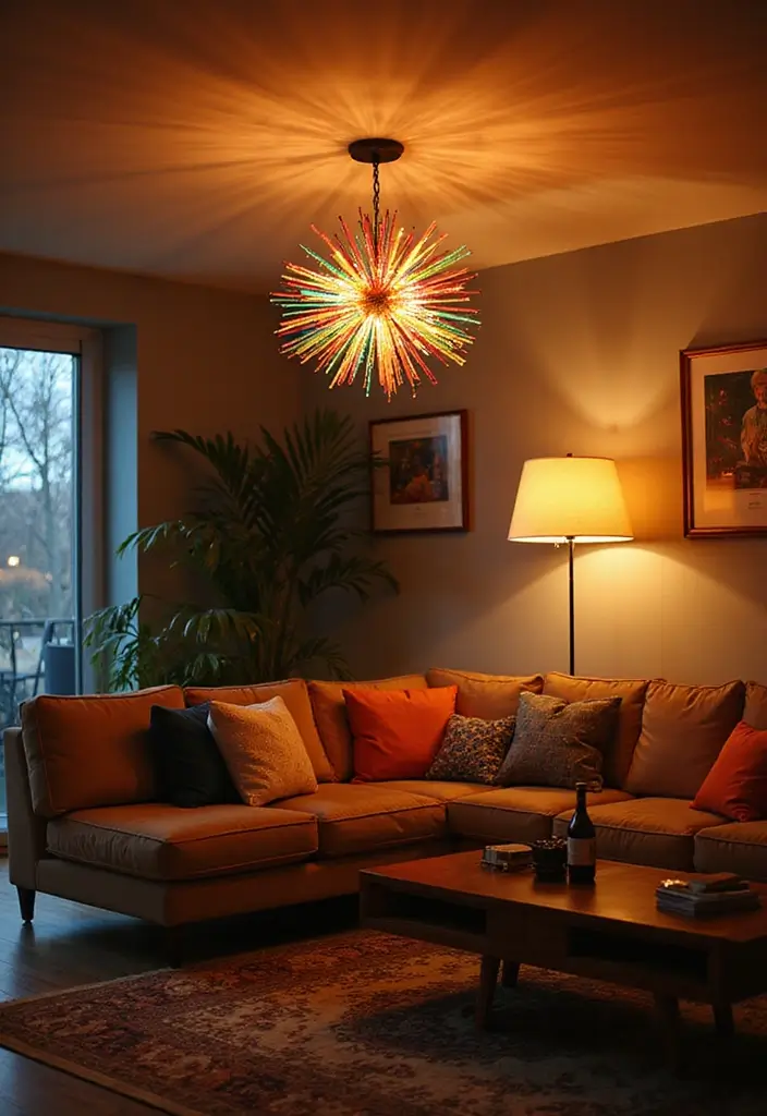 27 Living Room Colourful Ideas That Feel Playful and Eclectic - 7. Playful Lighting Fixtures