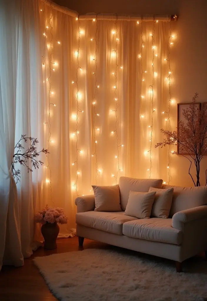 27 Living Room Fairy Lights Ideas That Add Magic and Glow - 1. Ethereal Wall Drapes