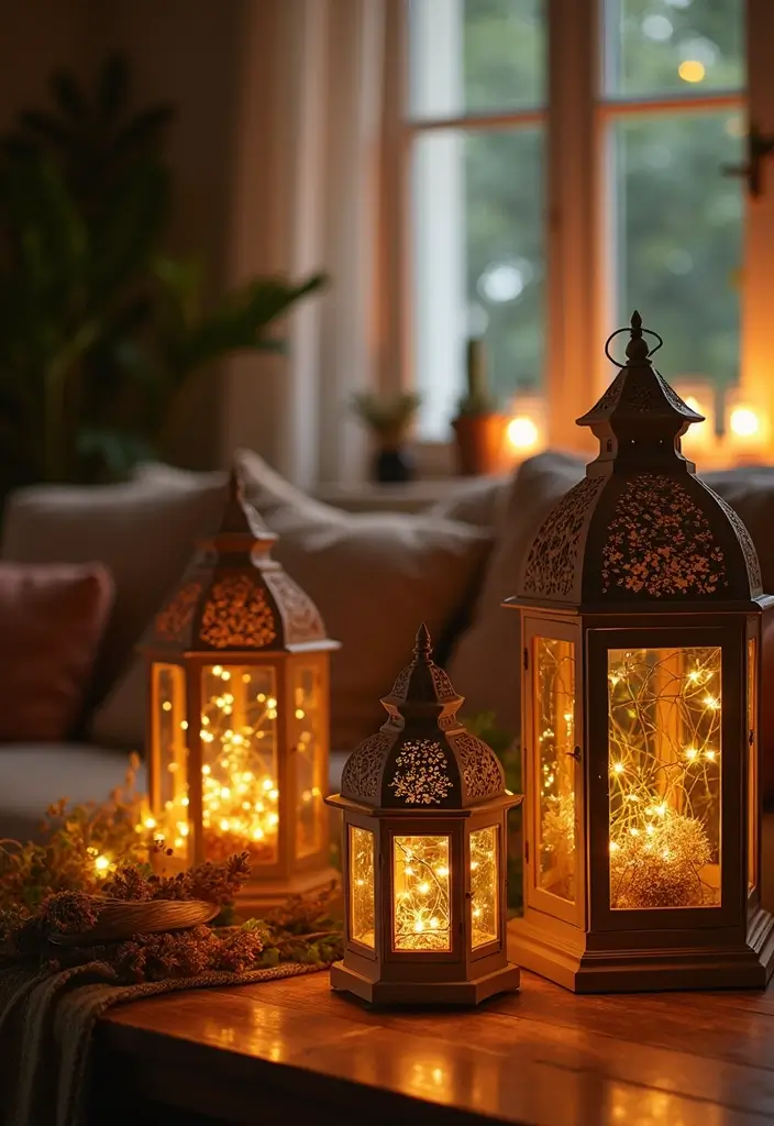 27 Living Room Fairy Lights Ideas That Add Magic and Glow - 10. Lantern Accents