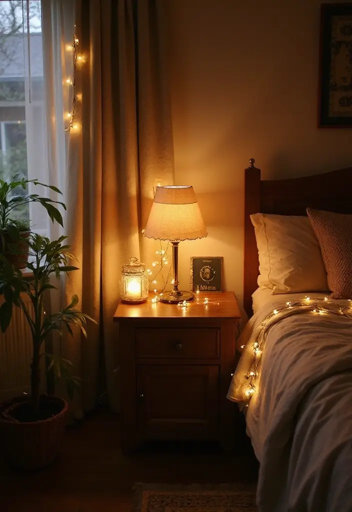 27 Living Room Fairy Lights Ideas That Add Magic and Glow - 11. Bedside Glow