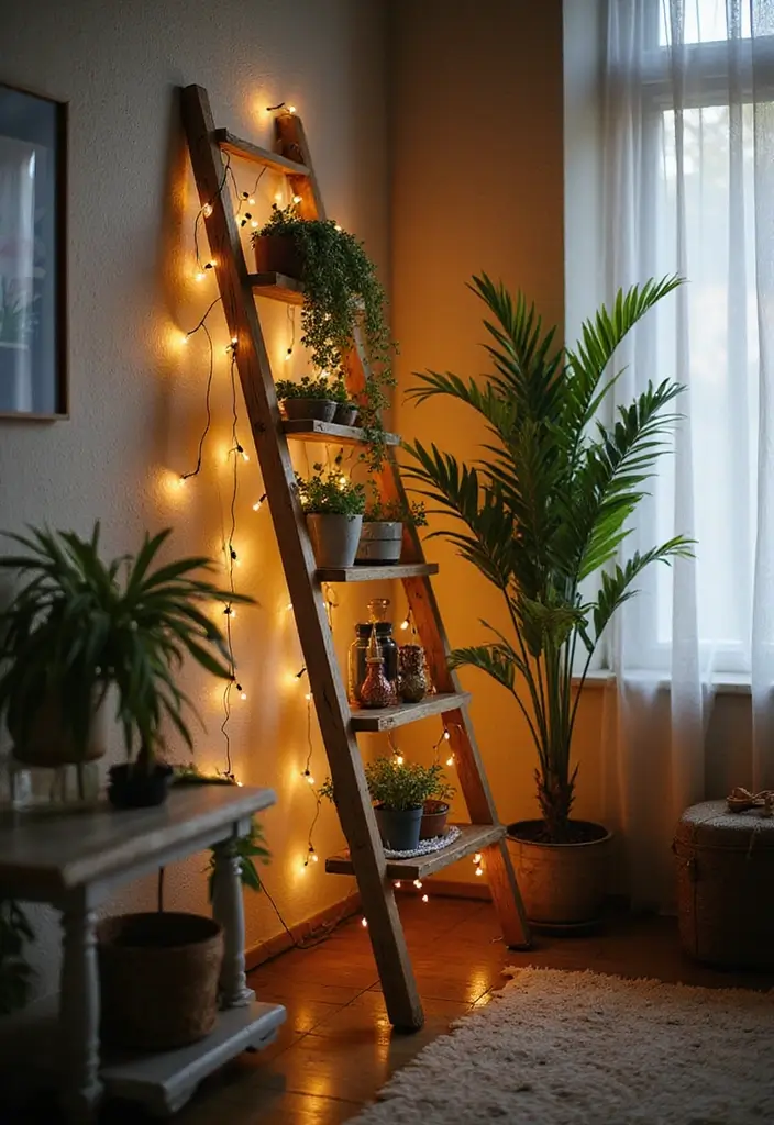 27 Living Room Fairy Lights Ideas That Add Magic and Glow - 12. Ladder Display