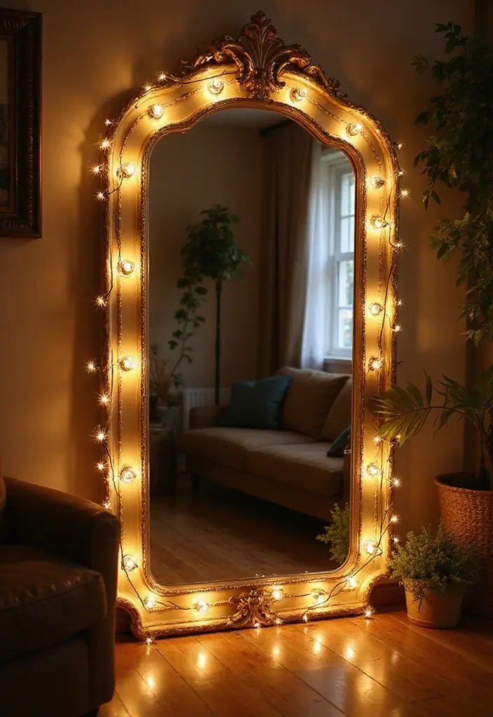 27 Living Room Fairy Lights Ideas That Add Magic and Glow - 13. Vintage Mirror Magic