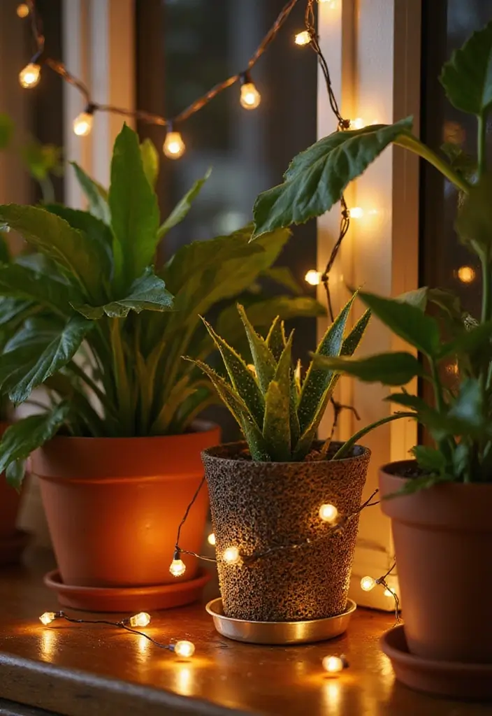 27 Living Room Fairy Lights Ideas That Add Magic and Glow - 14. Potted Plant Twinkles