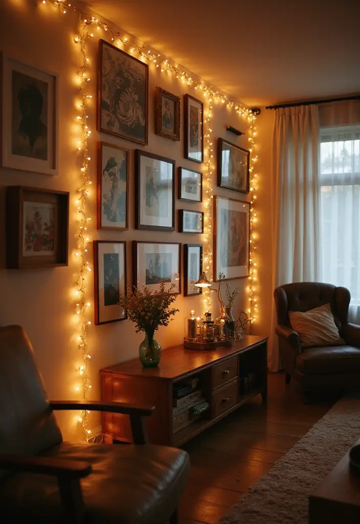 27 Living Room Fairy Lights Ideas That Add Magic and Glow - 15. Magical Gallery Wall