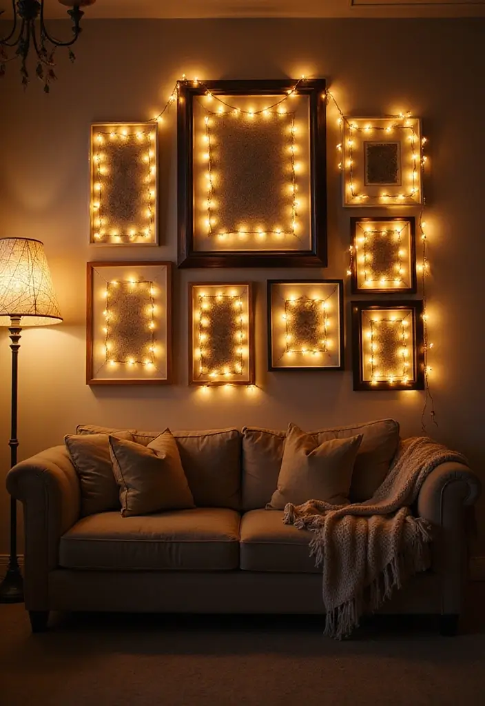 27 Living Room Fairy Lights Ideas That Add Magic and Glow - 18. Wall Art Frames