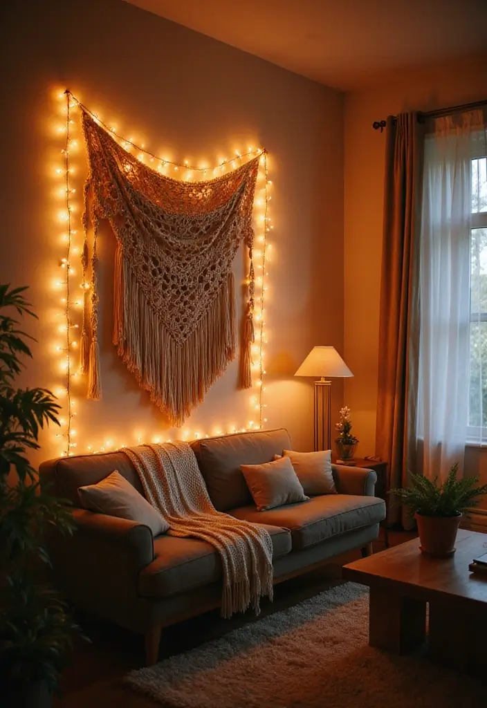 27 Living Room Fairy Lights Ideas That Add Magic and Glow - 19. Chic Wall Hangings