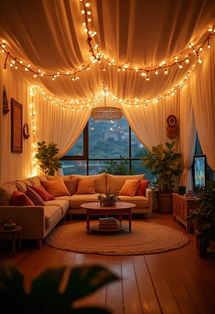27 Living Room Fairy Lights Ideas That Add Magic and Glow - 2. Twinkling Canopy