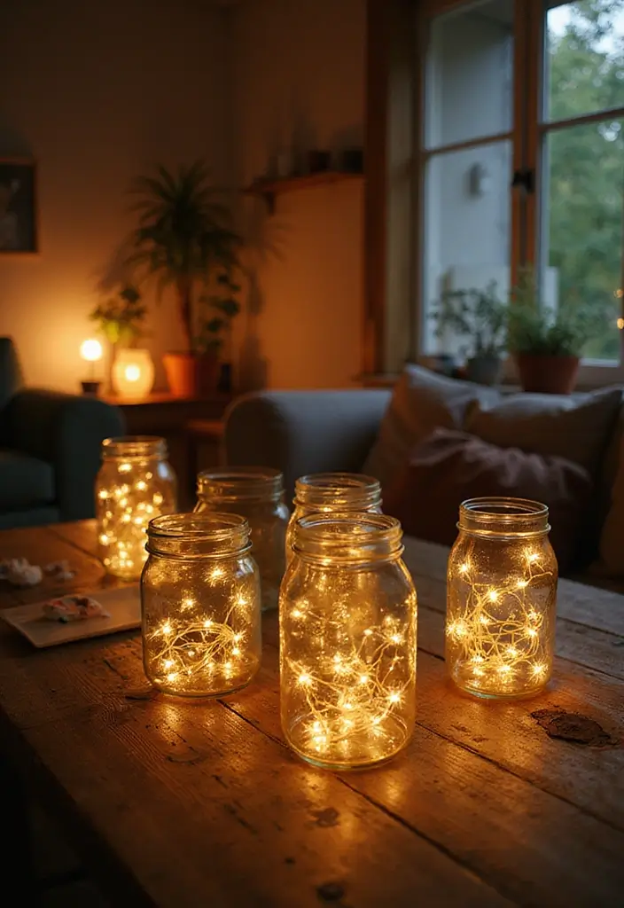 27 Living Room Fairy Lights Ideas That Add Magic and Glow - 20. Recycled Jar Lights