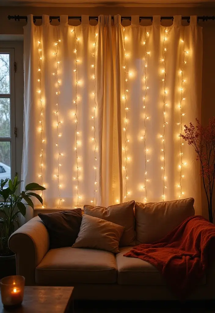 27 Living Room Fairy Lights Ideas That Add Magic and Glow - 21. String Light Curtain
