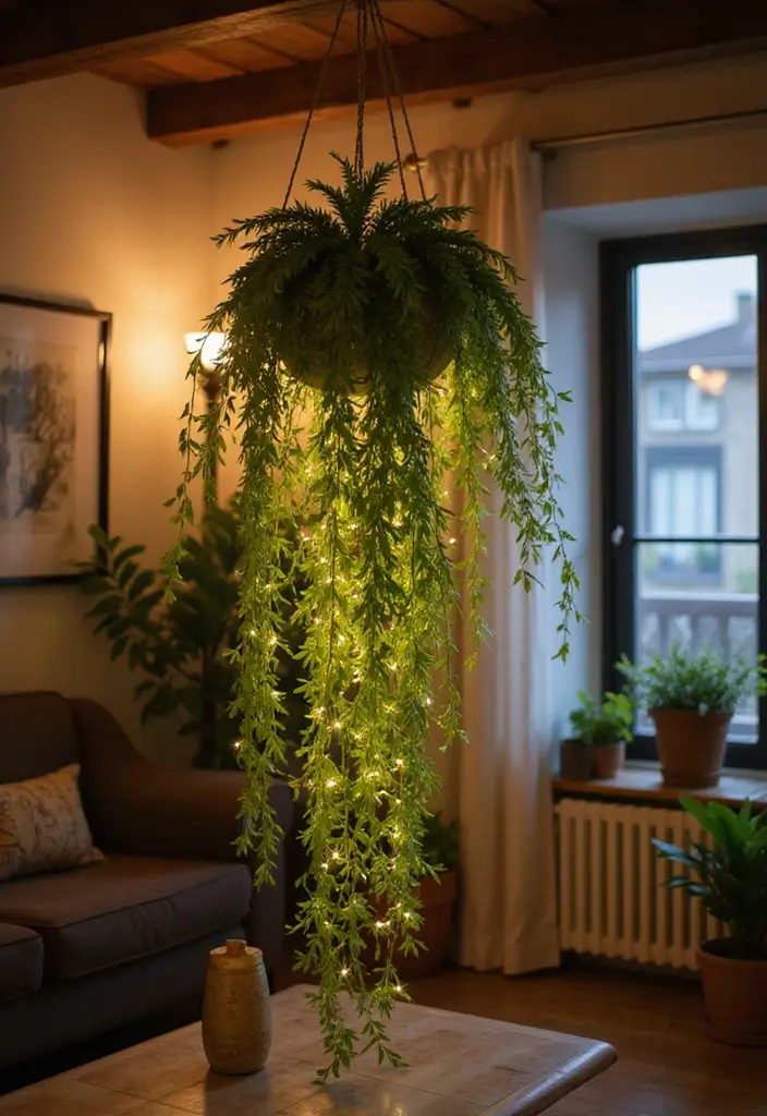 27 Living Room Fairy Lights Ideas That Add Magic and Glow - 22. Upside-Down Plant Display