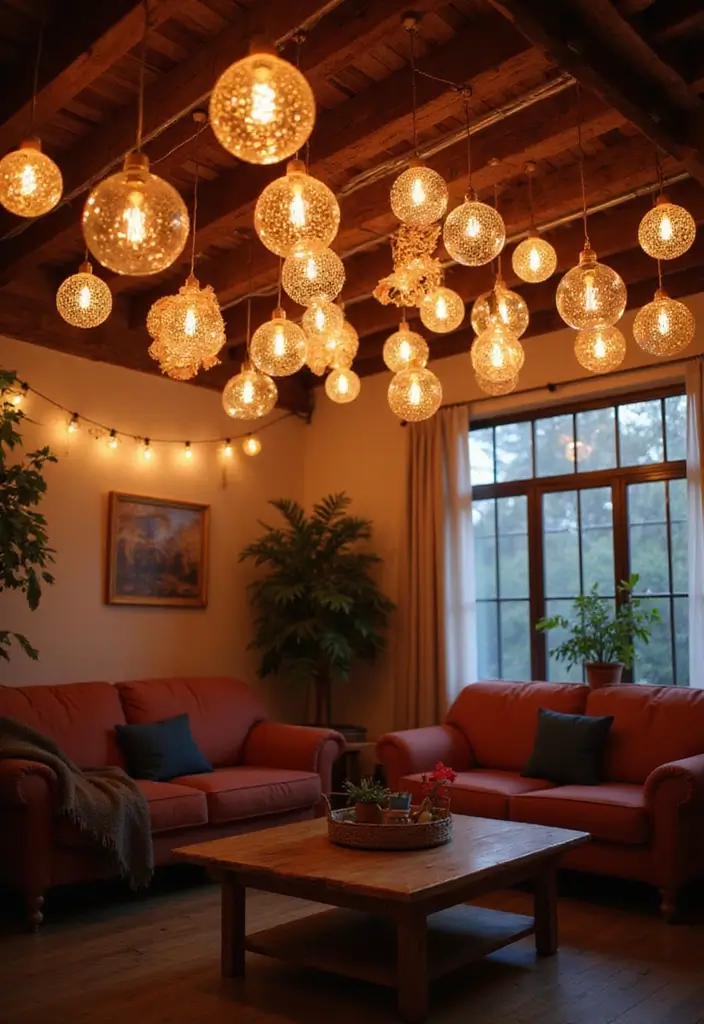 27 Living Room Fairy Lights Ideas That Add Magic and Glow - 24. Hanging Fairy Light Balls