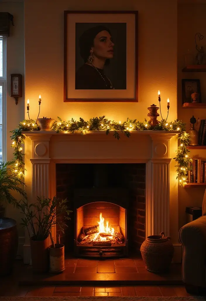 27 Living Room Fairy Lights Ideas That Add Magic and Glow - 25. Cozy Fireplace Glow