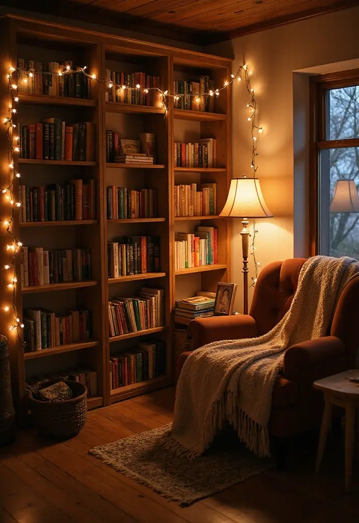 27 Living Room Fairy Lights Ideas That Add Magic and Glow - 27. Magical Book Nook