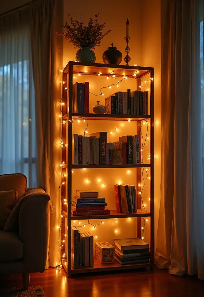 27 Living Room Fairy Lights Ideas That Add Magic and Glow - 4. Bookshelf Enchantment