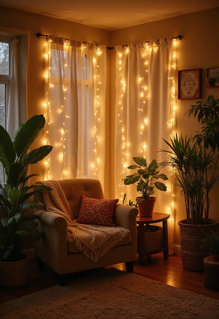 27 Living Room Fairy Lights Ideas That Add Magic and Glow - 6. Cozy Corner Lighting