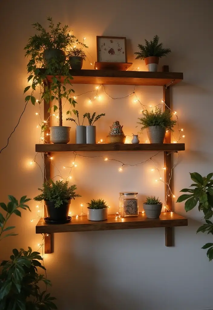27 Living Room Fairy Lights Ideas That Add Magic and Glow - 8. Floating Shelves Delight