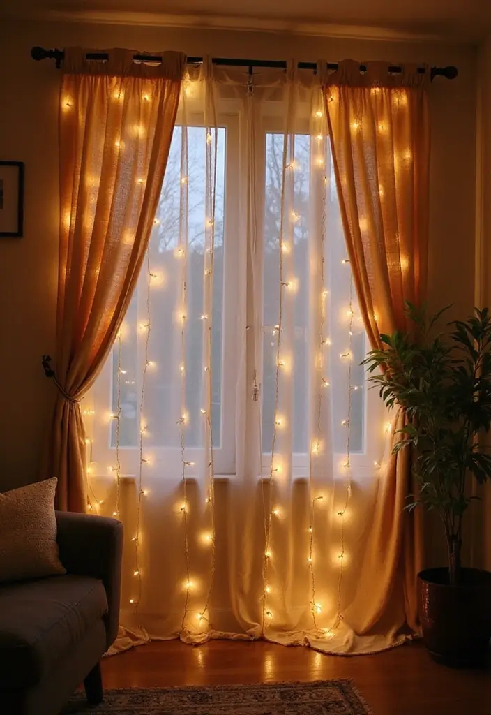 27 Living Room Fairy Lights Ideas That Add Magic and Glow - 9. Curtain Twinkles