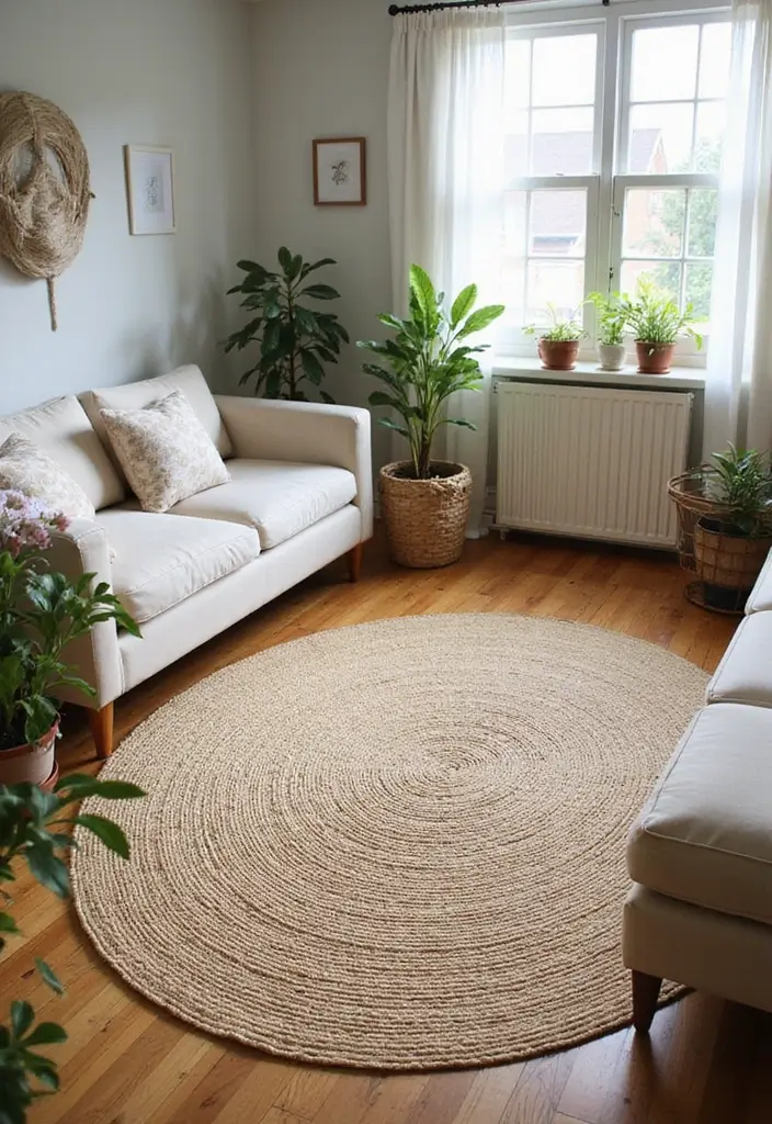 27 Neutral Living Room Rug Ideas That Ground Your Space Beautifully - 1. Hand-Woven Jute Rug