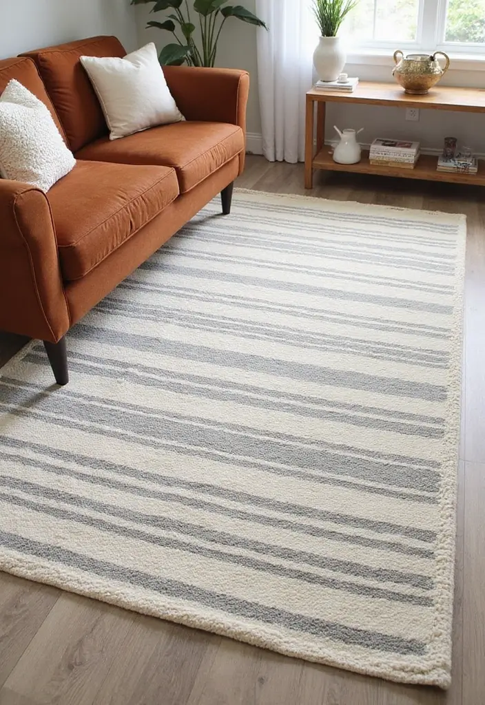 27 Neutral Living Room Rug Ideas That Ground Your Space Beautifully - 10. Cream and Charcoal Striped Rug