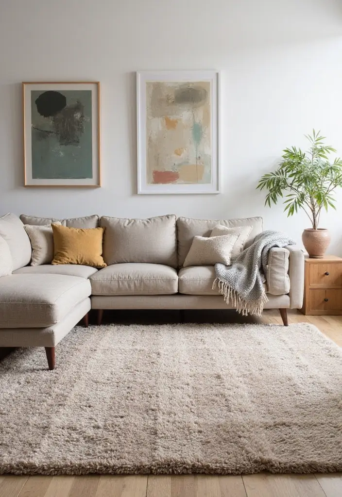 27 Neutral Living Room Rug Ideas That Ground Your Space Beautifully - 11. Soft Taupe Boucle Rug