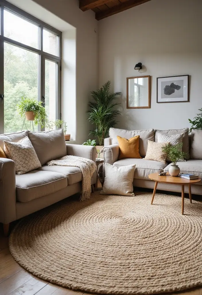 27 Neutral Living Room Rug Ideas That Ground Your Space Beautifully - 12. Natural Fiber Rug