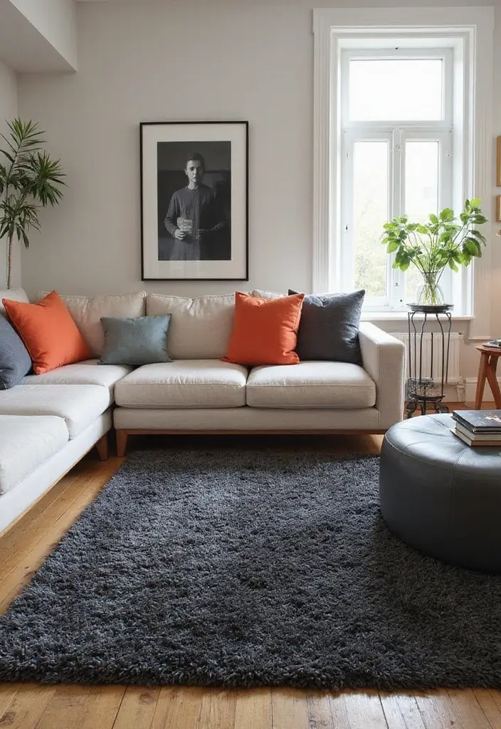 27 Neutral Living Room Rug Ideas That Ground Your Space Beautifully - 13. Charcoal Textured Area Rug