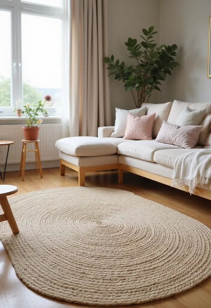 27 Neutral Living Room Rug Ideas That Ground Your Space Beautifully - 15. Warm Beige Plaited Rug
