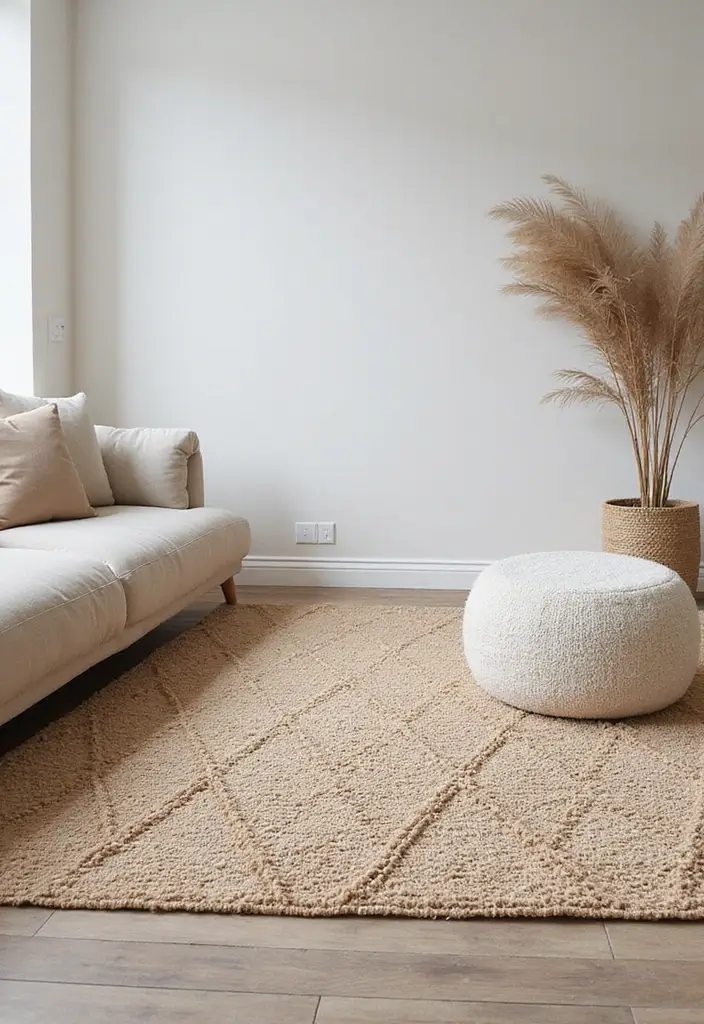 27 Neutral Living Room Rug Ideas That Ground Your Space Beautifully - 16. Light Brown Diamond Pattern Rug